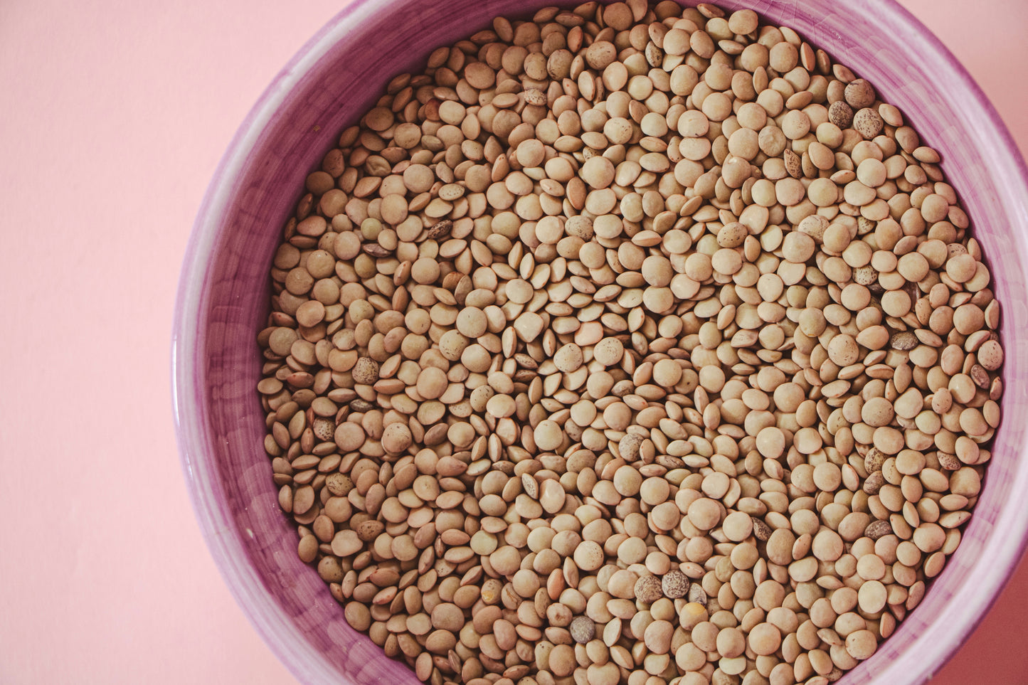 bowl of brown lentils in a light pink bowl with a light pink background