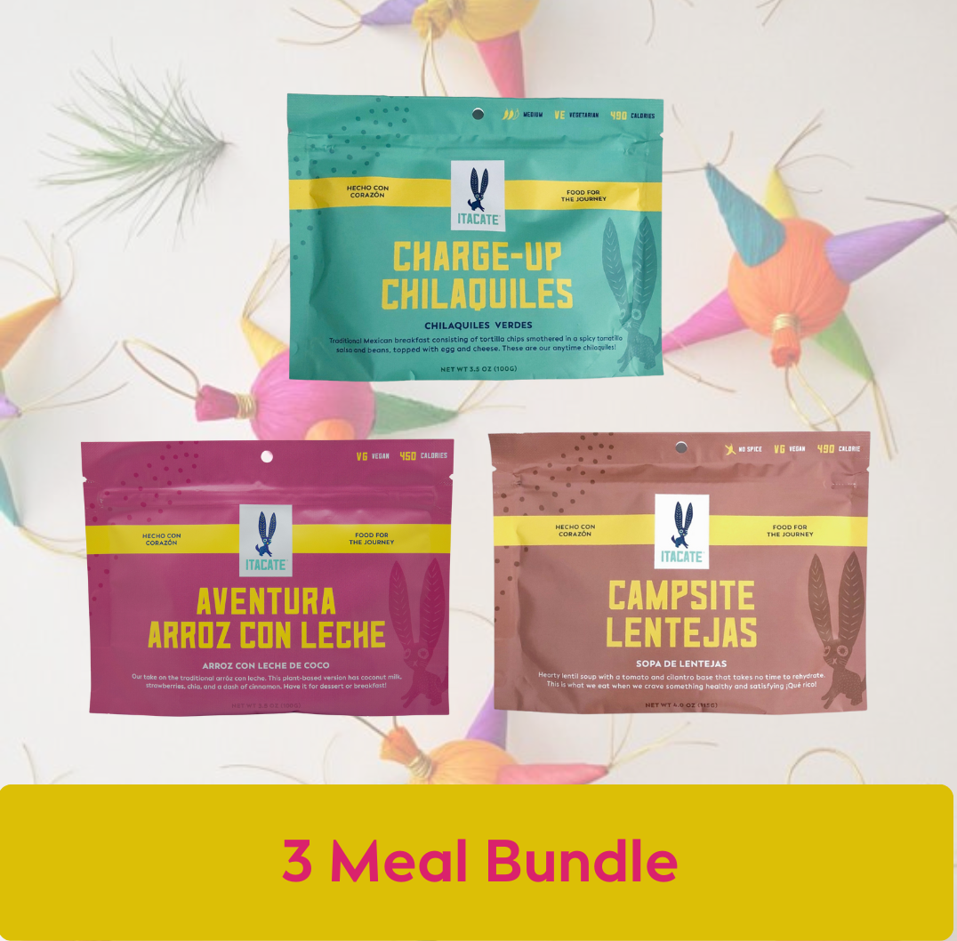 Three meal package bags with colorful labels on a white background