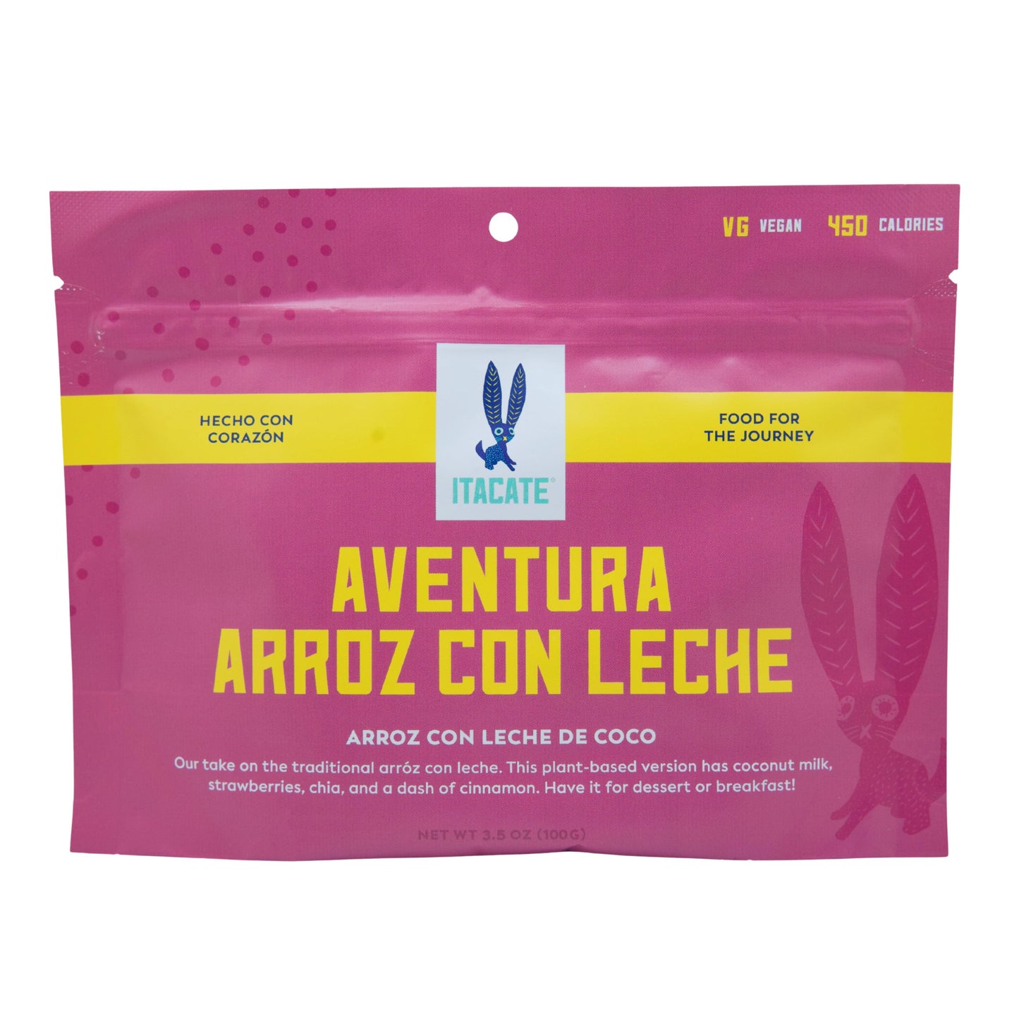 A package of Itacate Aventura Arroz con Leche, a vegan rice and milk product, with vibrant pink packaging, an image of a rice grain, and text highlighting the use of coconut milk, strawberries, chia, and cinnamon.