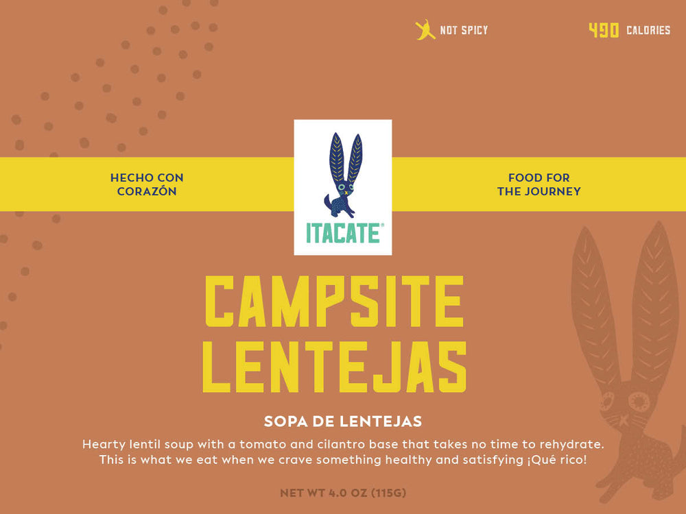 
                  
                    ITACATE Campsite Lentejas soup package with branding and text on a brown background
                  
                