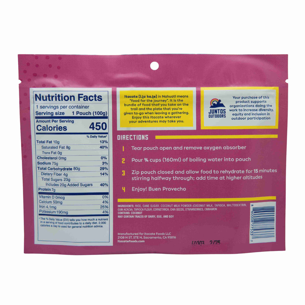
                  
                    Nutrition label and directions on the Aventura arroz con leche food pouch packaging 
                  
                